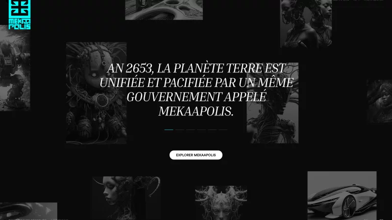 Mekaapolis site, AI-generated futuristic universe with Leaflet.js interactive mapping