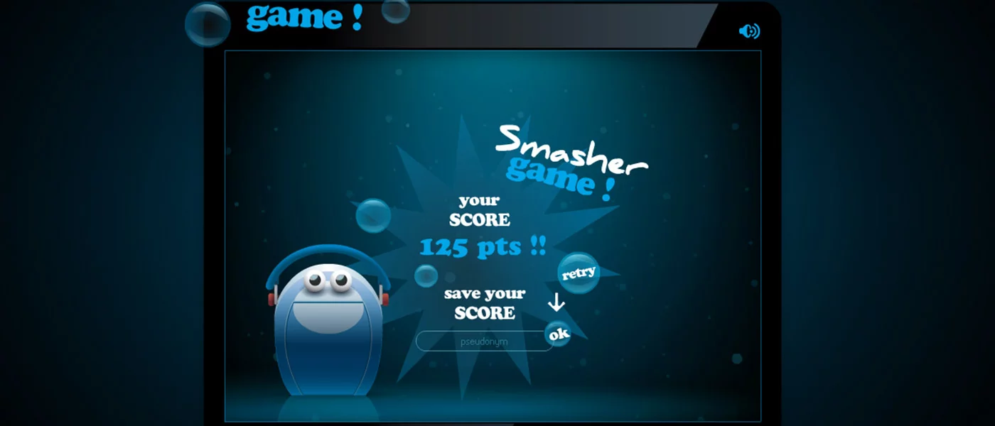 application Flash interactive, programmation AS3 &mdash; Smasher Game Communication scientifique &mdash; d&eacute;veloppeur front-end freelance Emmanuel Lechat &mdash; vue 1/2