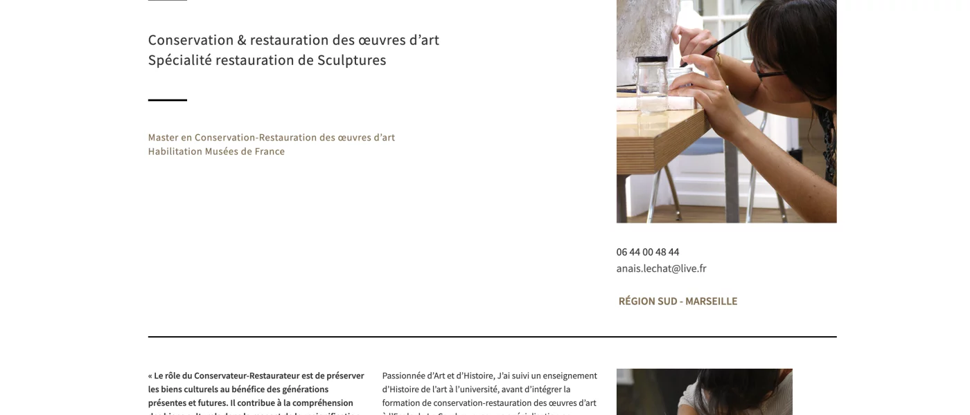 Ana&iuml;s Lechat portfolio, sculpture conservator, minimalist webdesign, view 1/7, project by Emmanuel Lechat