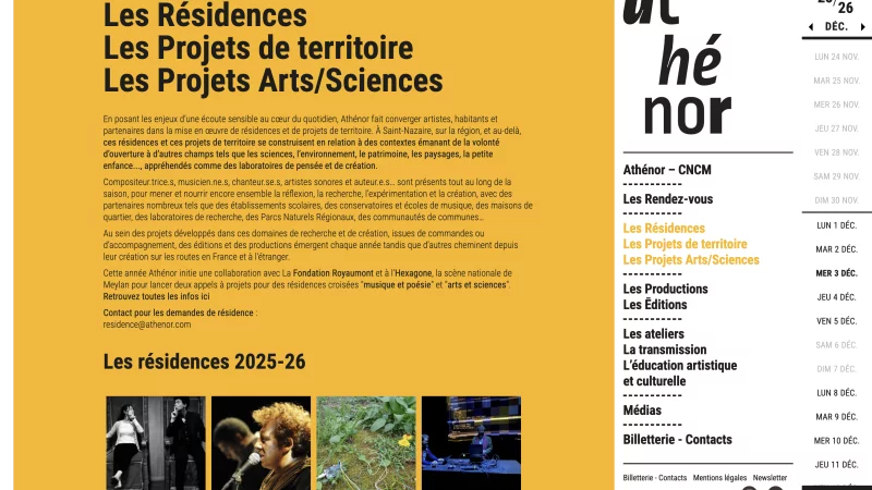 Site d'Ath&eacute;nor, sc&egrave;ne nationale de Saint-Nazaire, transitions Barba.js, vue 5/6, r&eacute;alisation Emmanuel Lechat