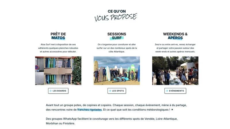 site Kirby CMS sur-mesure &mdash; Aloa Surf Nautisme &mdash; d&eacute;veloppeur front-end freelance Emmanuel Lechat &mdash; vue 2/14