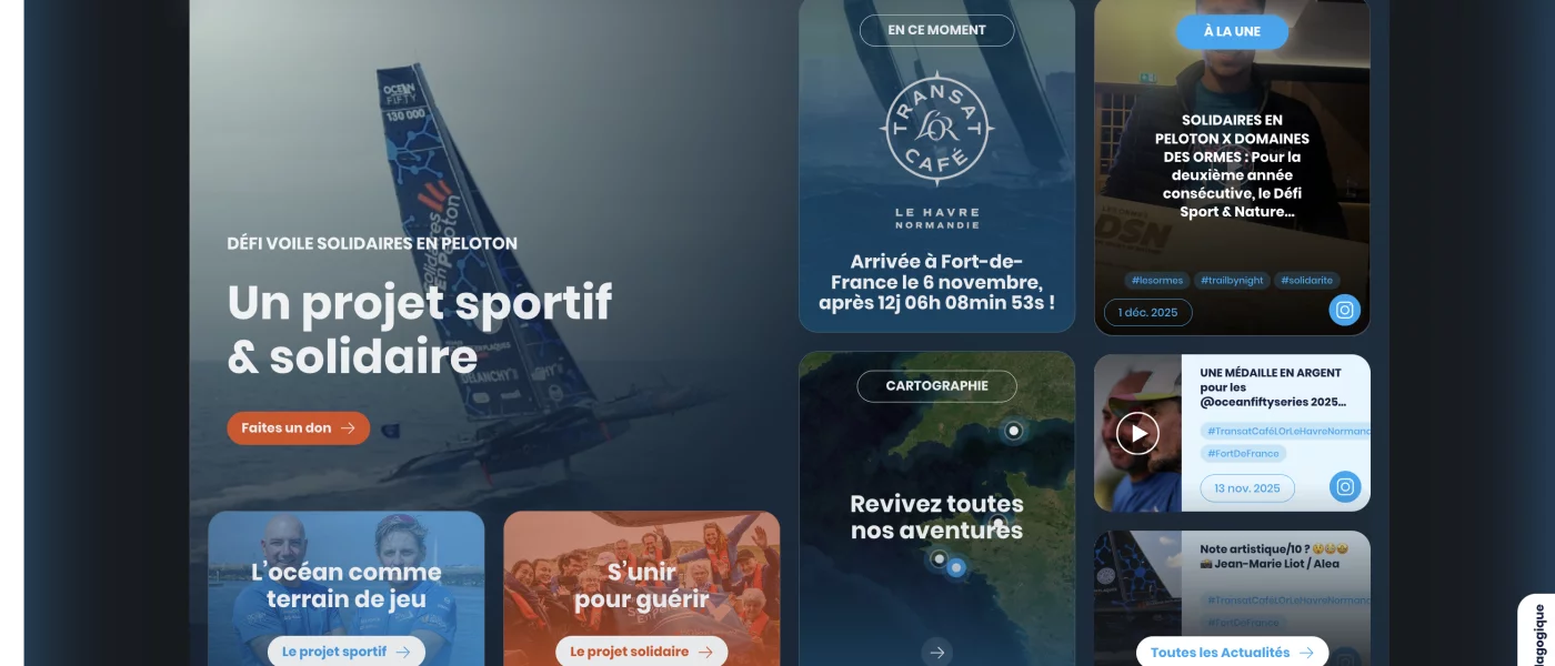 D&eacute;fi Voile Solidaires en Peloton website, interactive map and Ocean 50 race tracker, view 1/7, project by Emmanuel Lechat