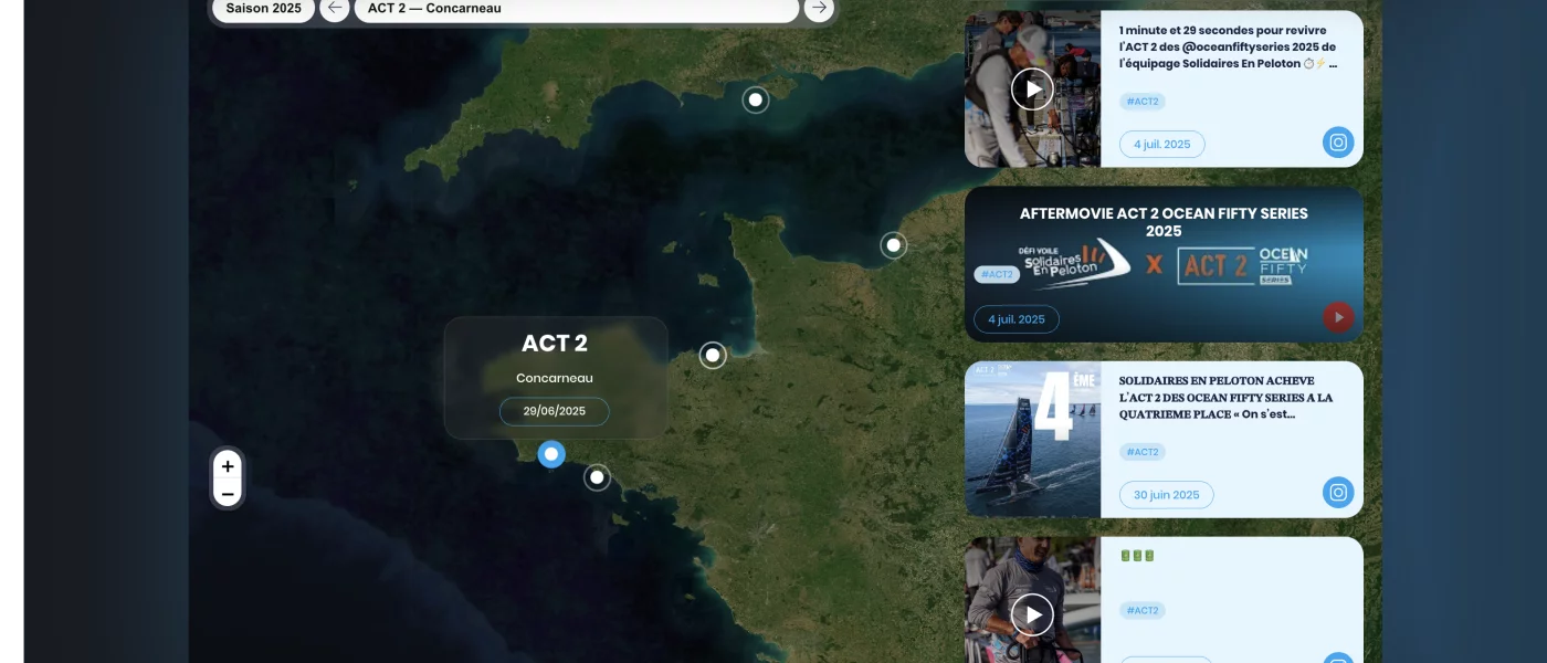 D&eacute;fi Voile Solidaires en Peloton website, interactive map and Ocean 50 race tracker, view 4/7, project by Emmanuel Lechat