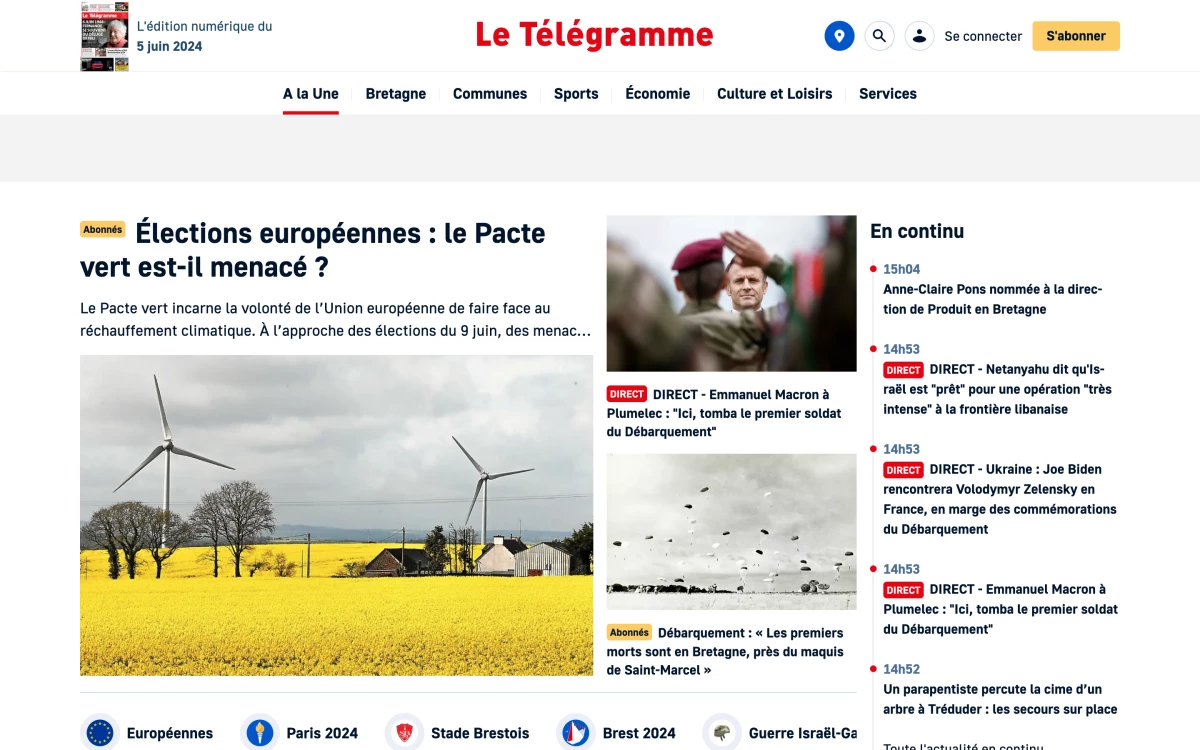 Webdesign et développement front-end du journal Le Télégramme